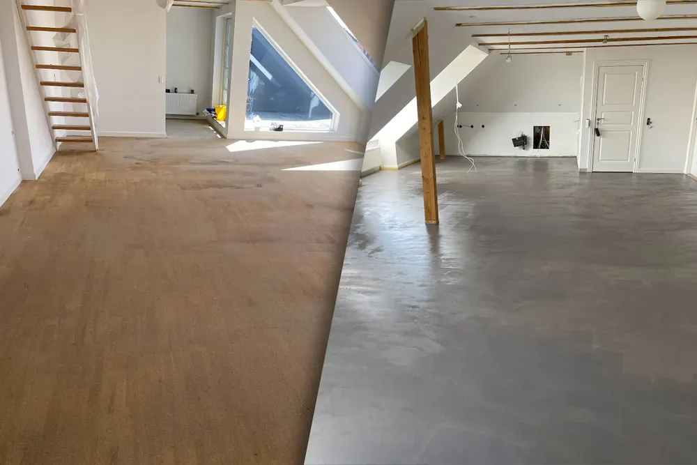 Loftgulv, halvt trægulv og halvt færdigt grå microcement – Maler Microcement, Herlev og omegn